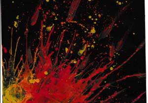 Praca malarska przedstawiająca wybuch wulkanu. Z lewego, dolnego naroża pracy wydobywa się lawa o nierównej strukturze. Jej wybuch podkreśla ukośny kierunek i rozpryskujące się do góry plamy. Kompozycja bardzo dynamiczna, spotęgowana kontrastującymi barwami czerwieni, czerni i żółtego.